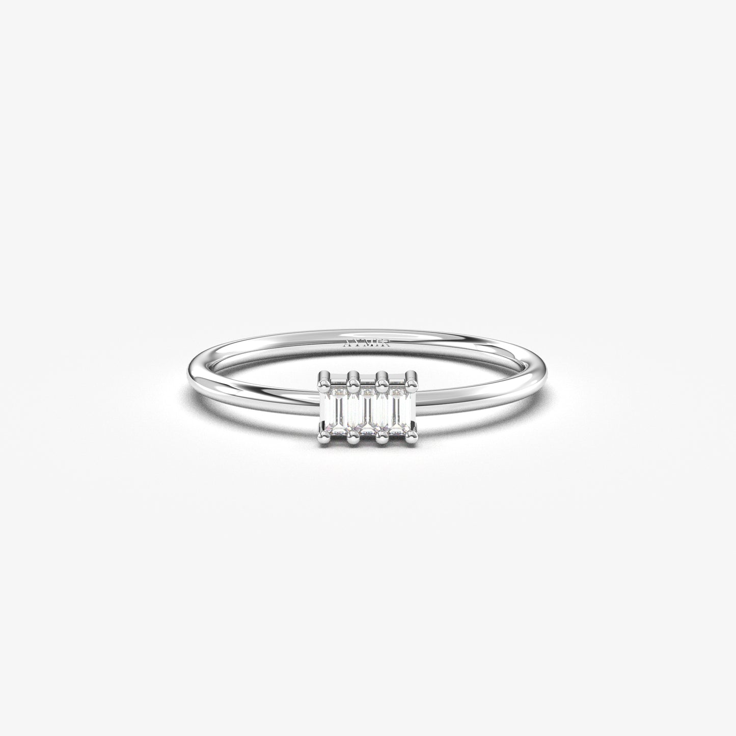 14K white gold three baguette ring with natural diamonds, front view