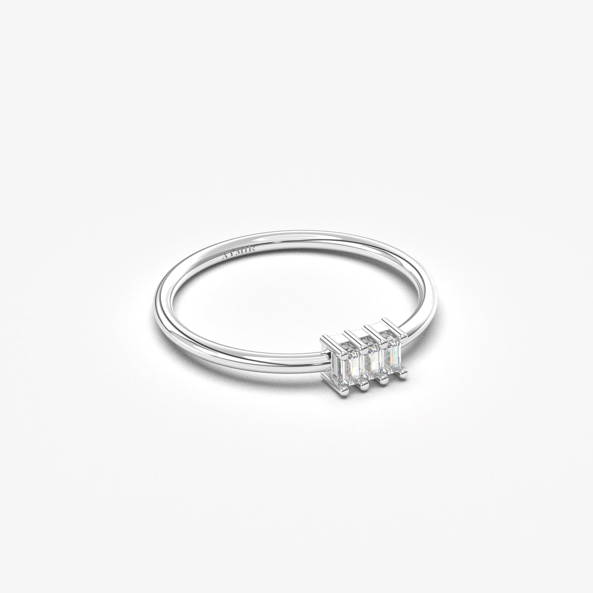 18K white gold three baguette ring with natural diamonds, angled view