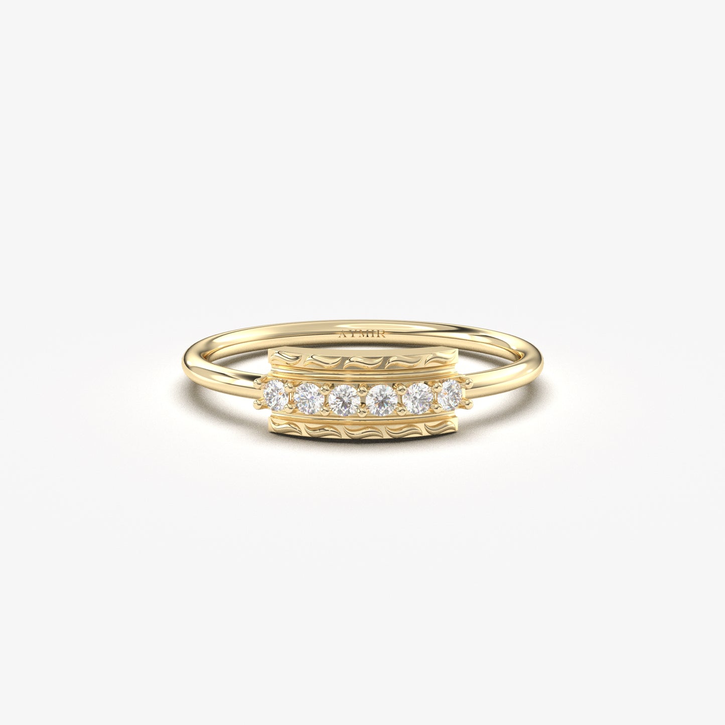 18K yellow gold modern six stone ring with cubic zirconia, front view