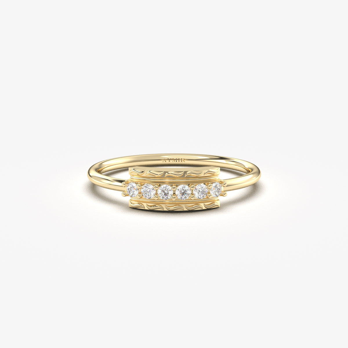 18K yellow gold modern six stone ring with natural diamonds, front view