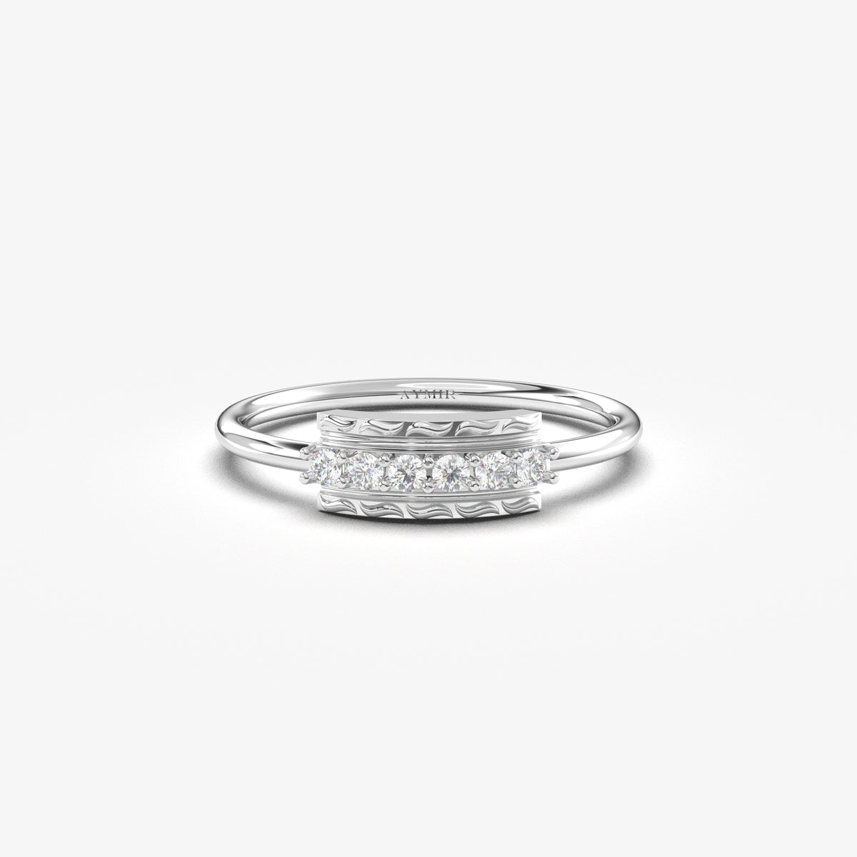 14K white gold modern six stone ring with cubic zirconia, front view