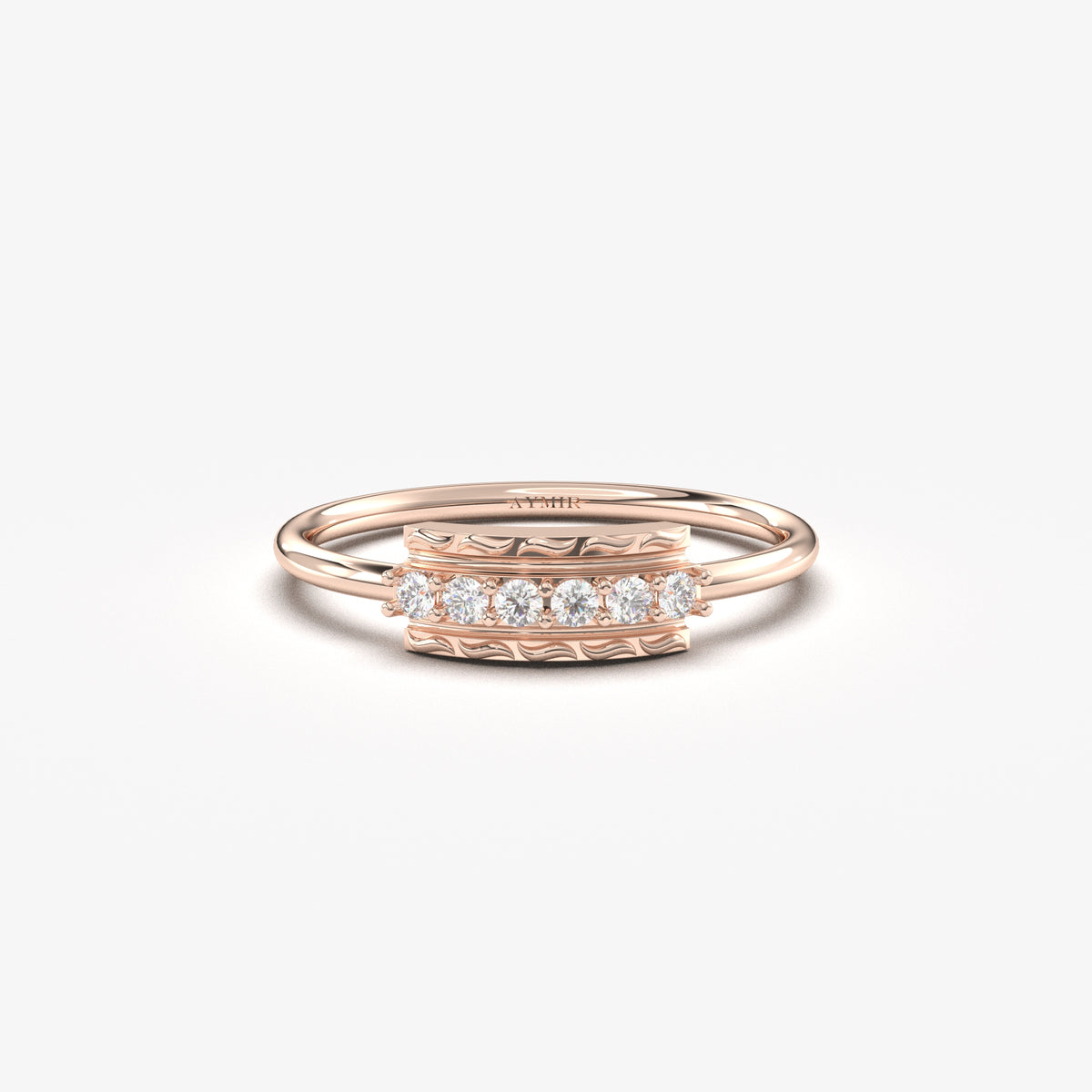 18K rose gold modern six stone ring with cubic zirconia, front view