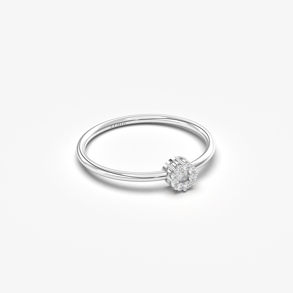 10K white gold round cluster ring with cubic zirconia, angled view