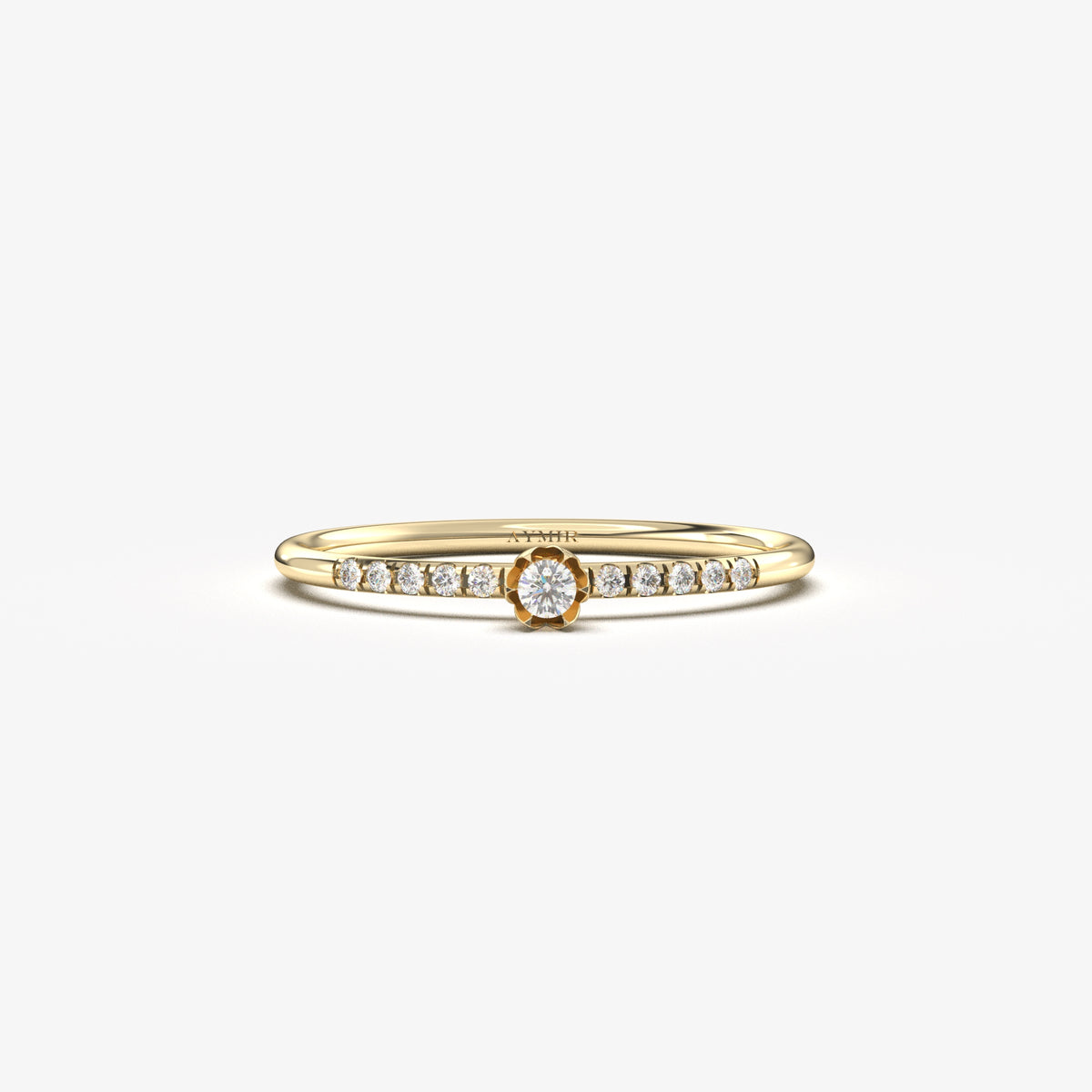 10K yellow gold petal center ring with cubic zirconia, front view