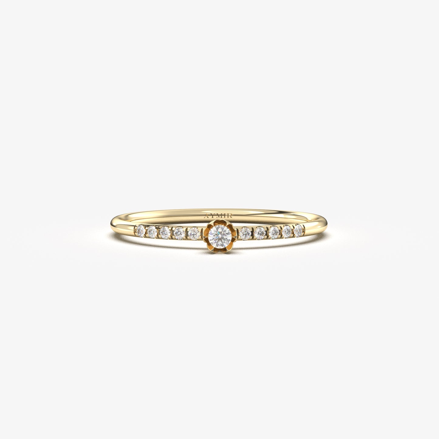 14K yellow gold petal center ring with cubic zirconia, front view