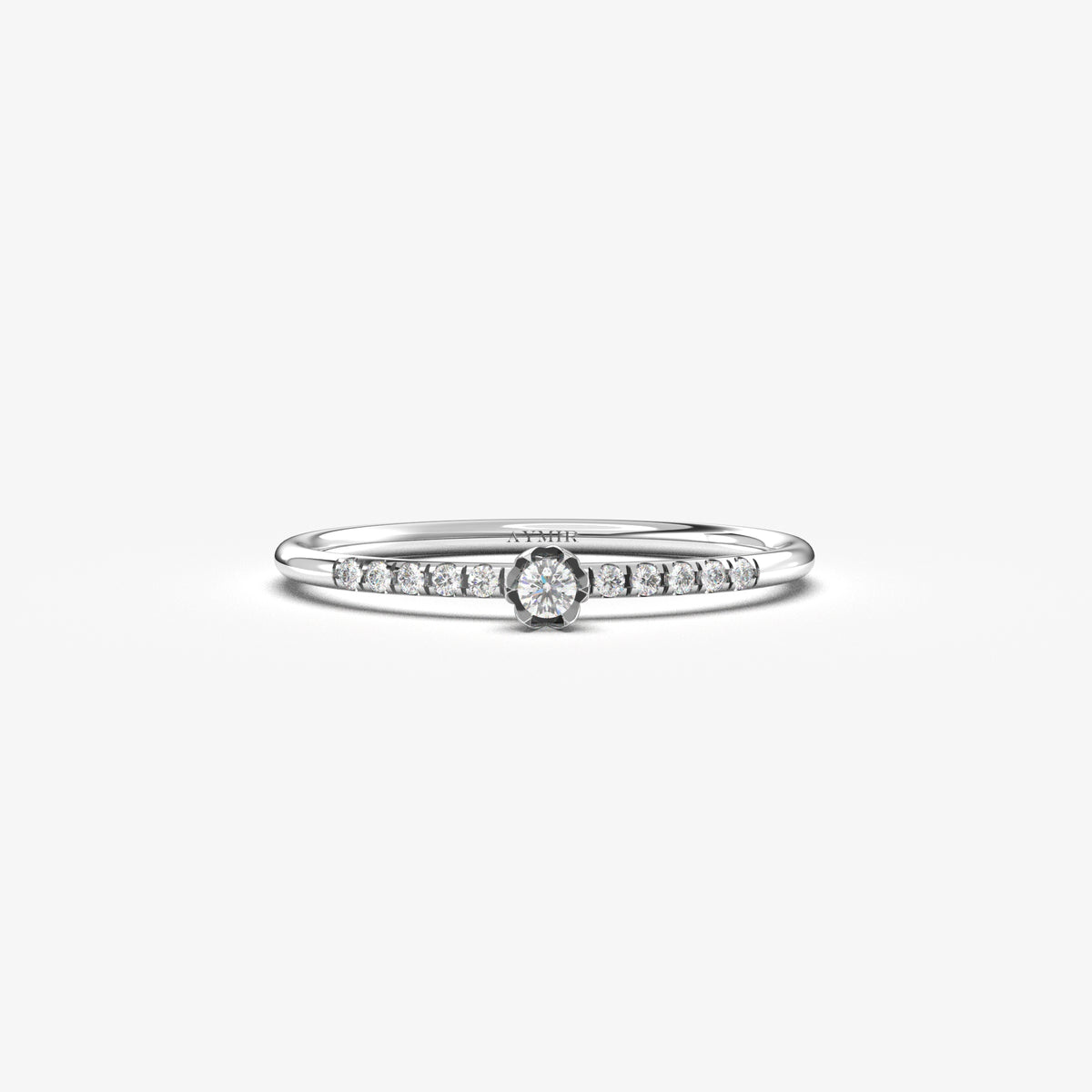 10K white gold petal center ring with cubic zirconia, front view