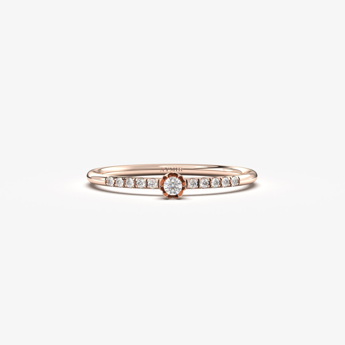 10K rose gold petal center ring with cubic zirconia, front view