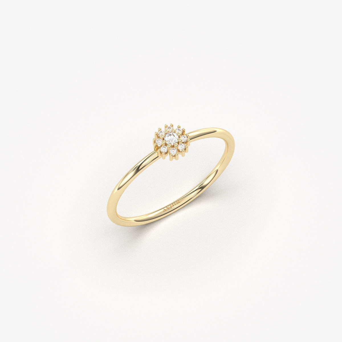 18K yellow gold flower halo ring with natural diamonds, side view