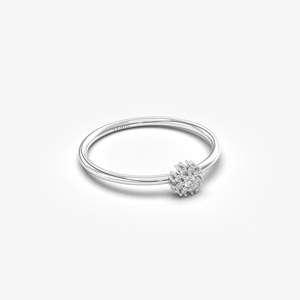 10K white gold flower halo ring with cubic zirconia, angled view