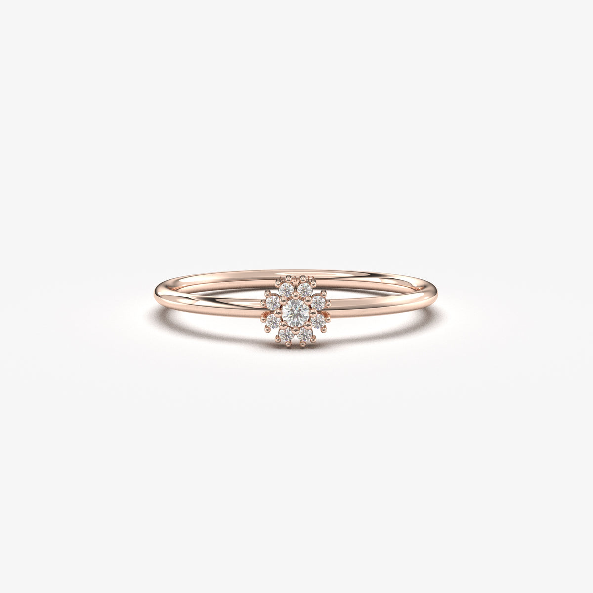 14K rose gold flower halo ring with natural diamonds, front view