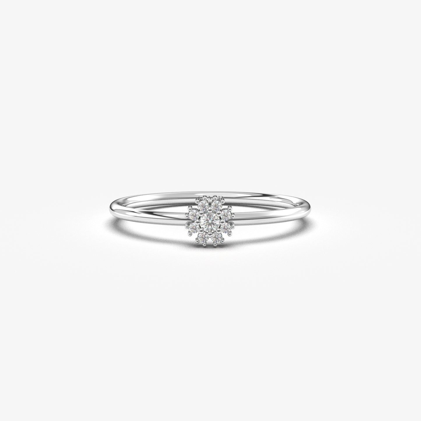 14K white gold flower halo ring with cubic zirconia, front view