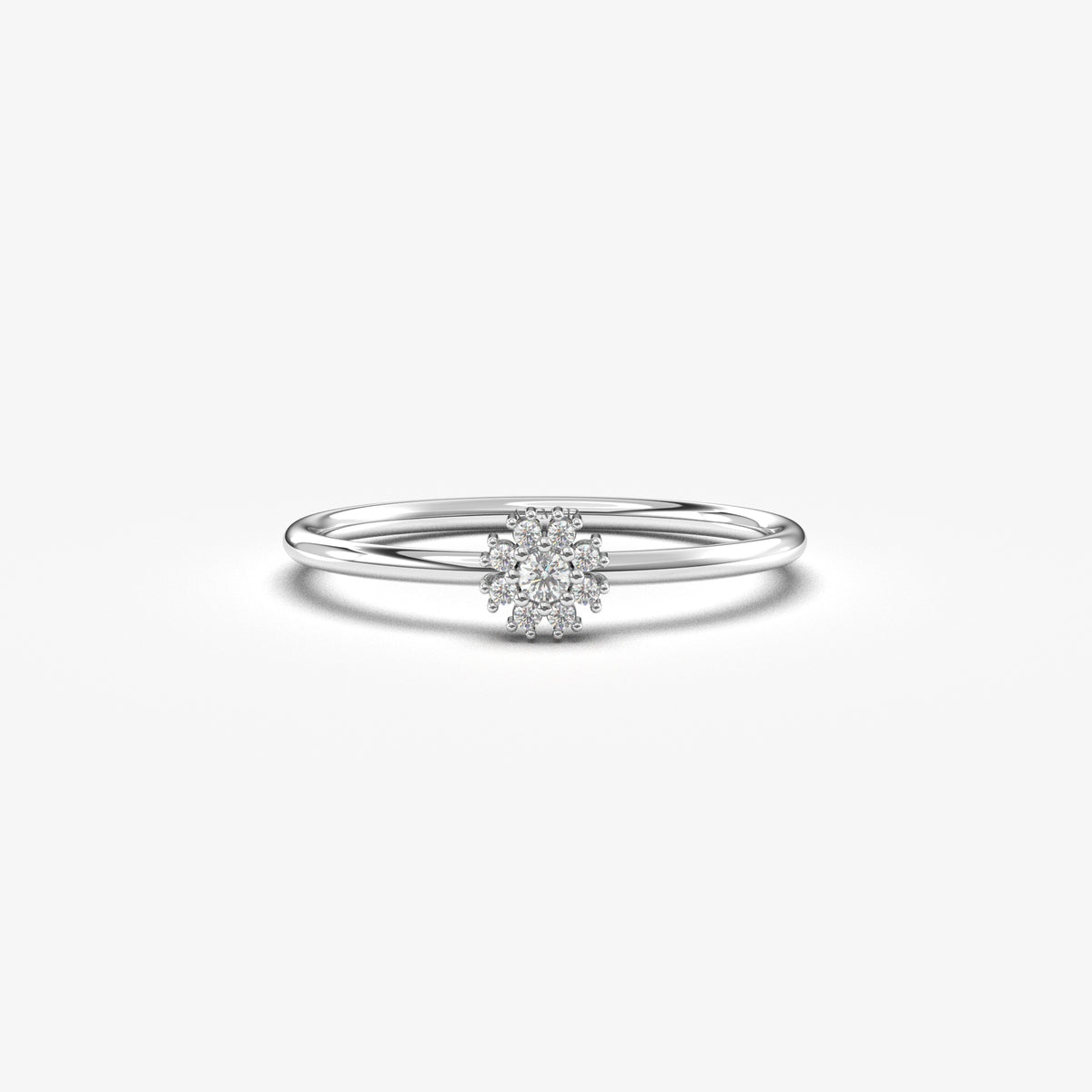 10K white gold flower halo ring with natural diamonds, front view