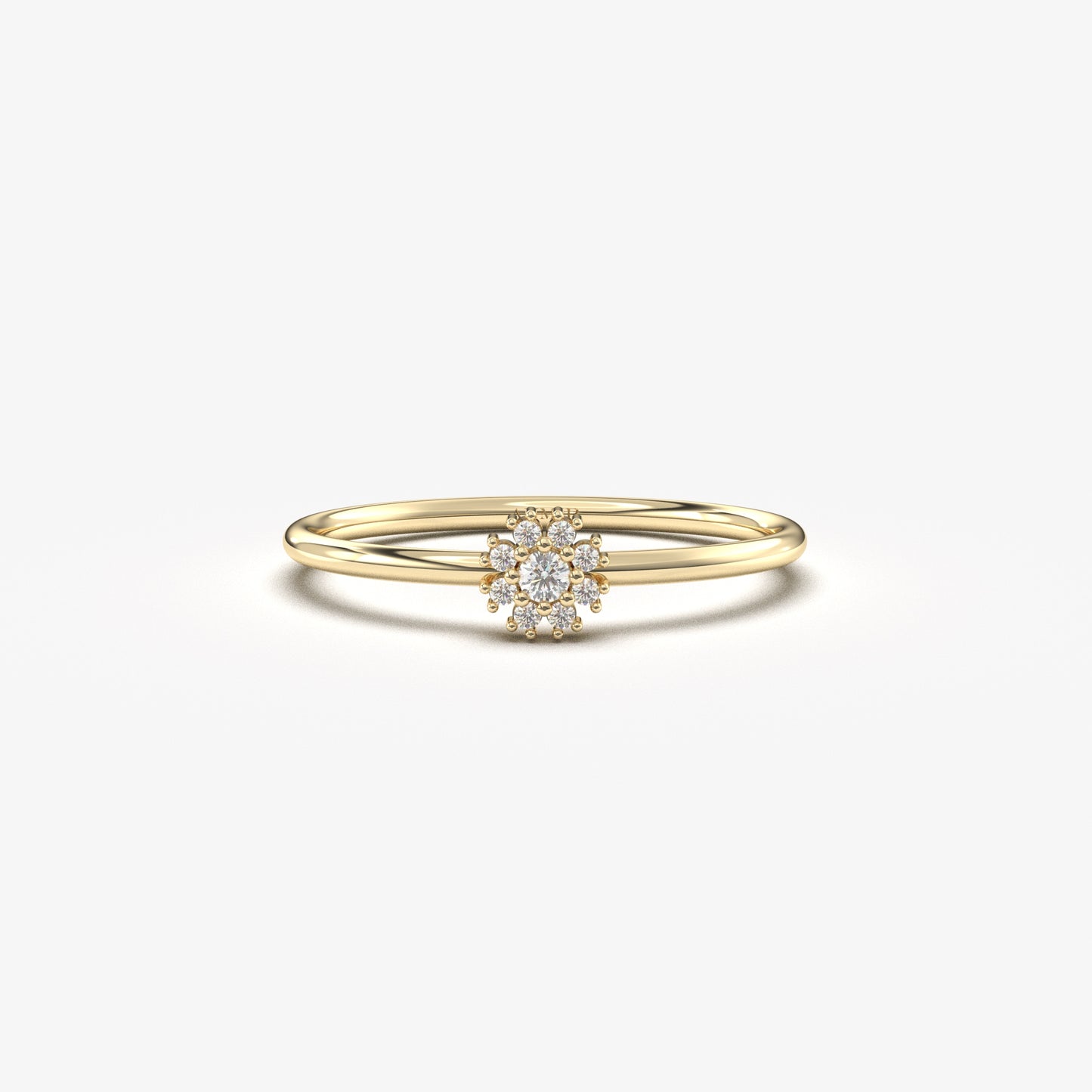 18K yellow gold flower halo ring with cubic zirconia, front view