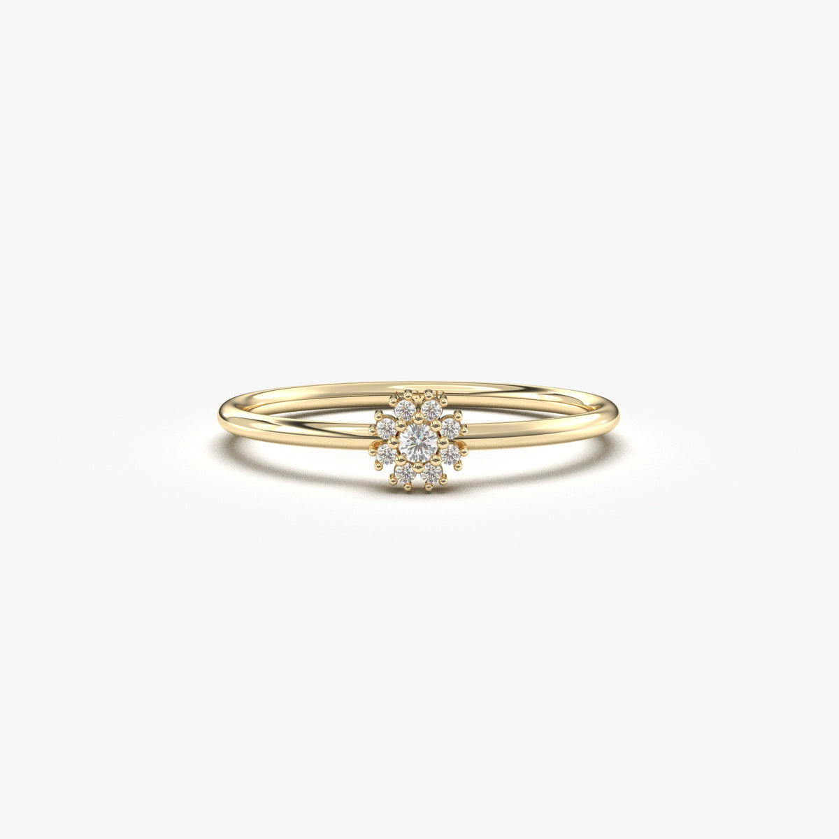 14K yellow gold flower halo ring with natural diamonds, front view