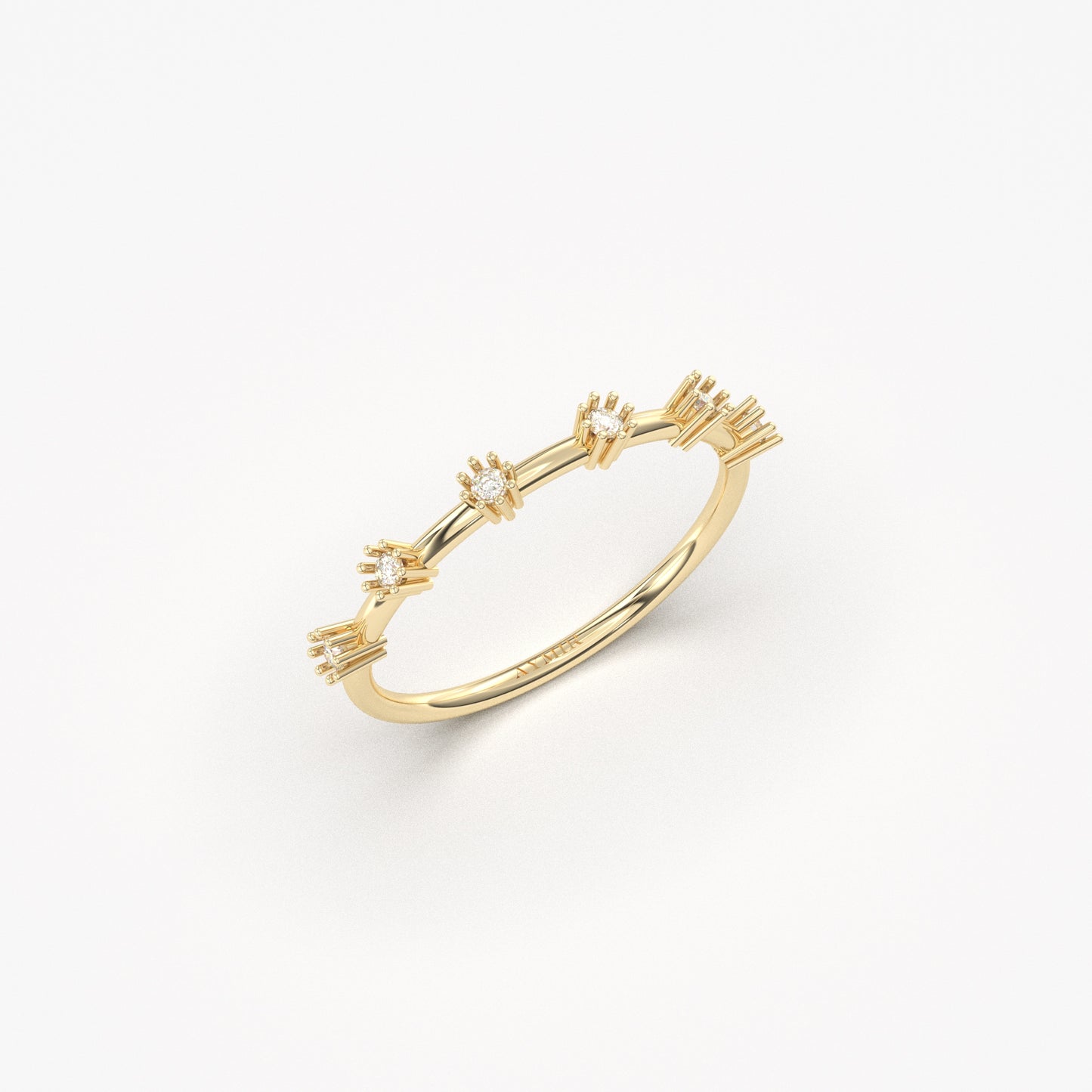 14K yellow gold six stone station ring with cubic zirconia, side view