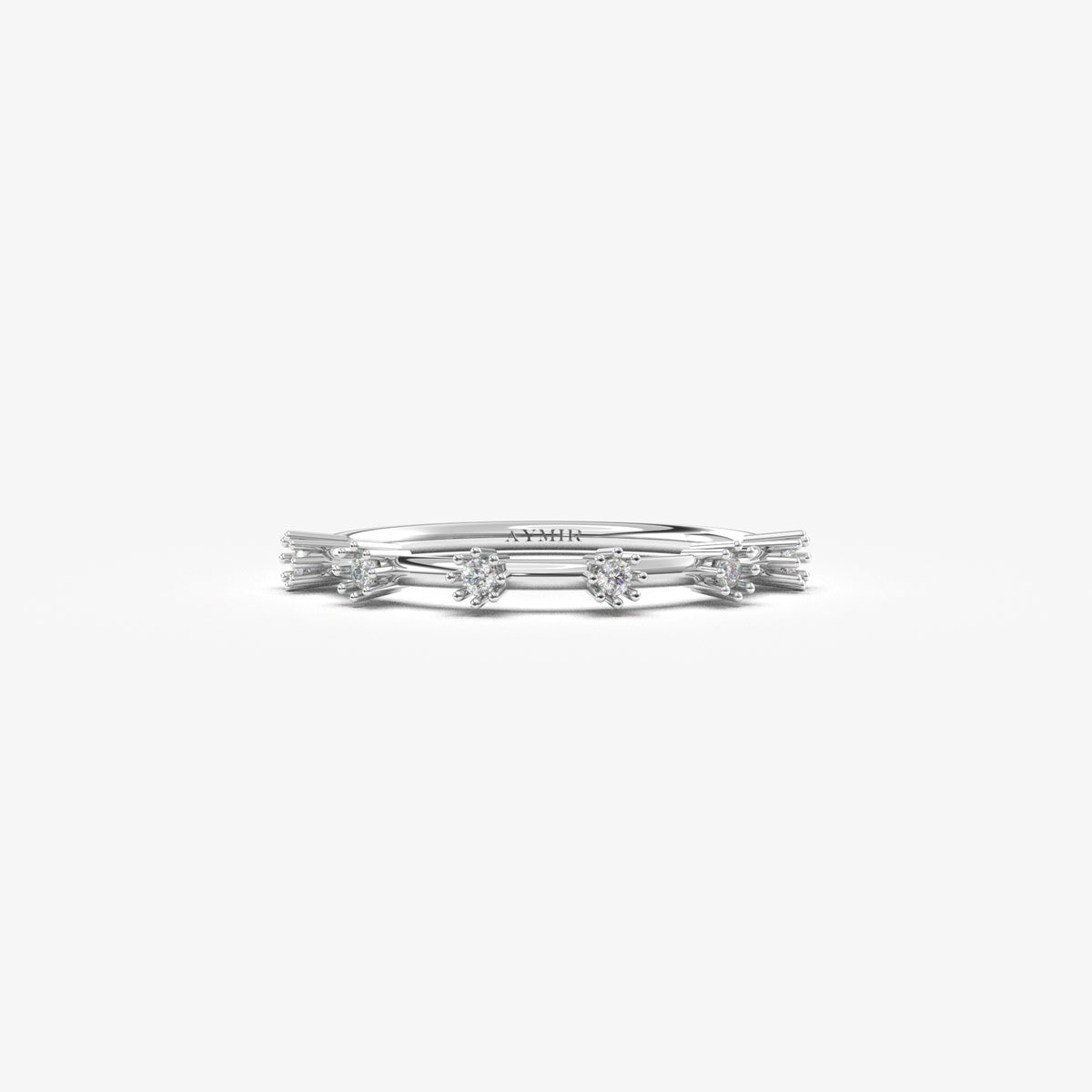 10K white gold six stone station ring with natural diamonds, front view