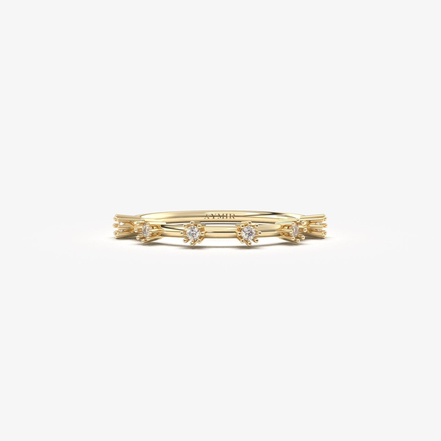 14K yellow gold six stone station ring with cubic zirconia, front view