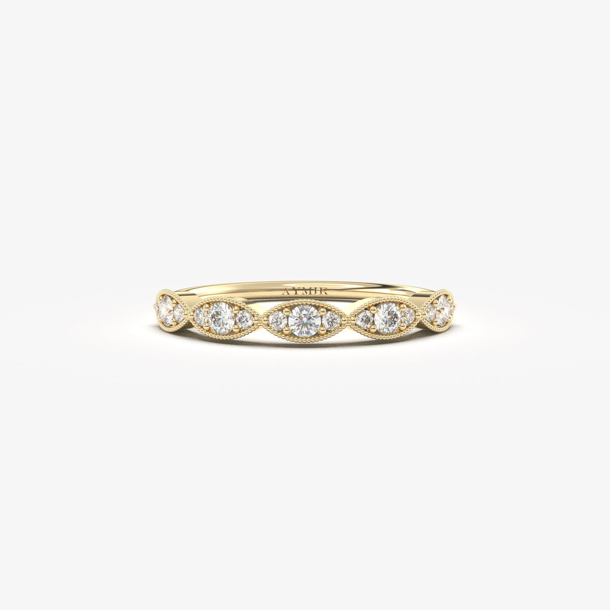 18K yellow gold vintage milgrain ring with natural diamonds, front view