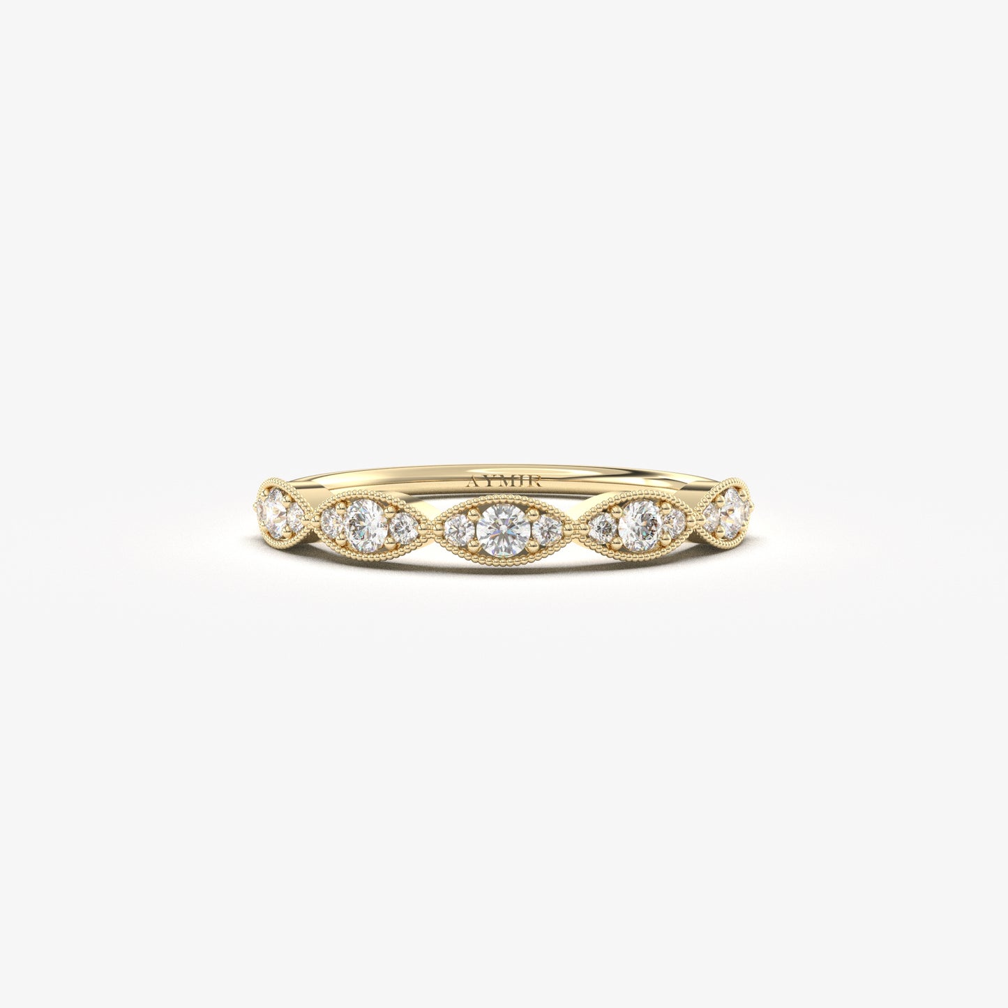 14K yellow gold vintage milgrain ring with natural diamonds, front view