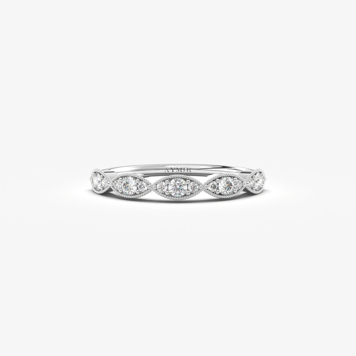 18K white gold vintage milgrain ring with natural diamonds, front view