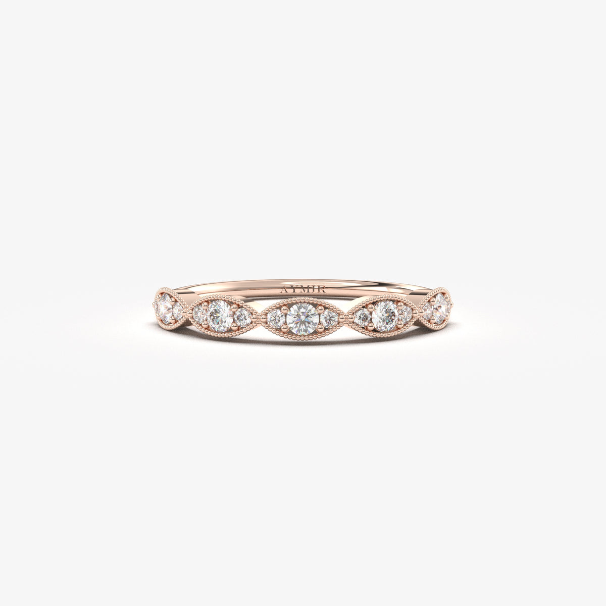 14K rose gold vintage milgrain ring with cubic zirconia, front view