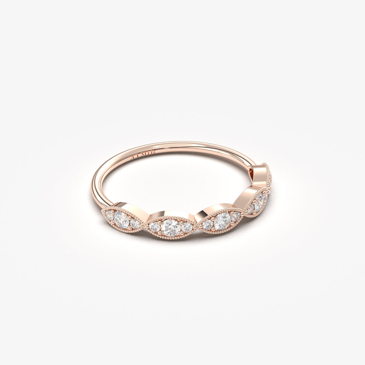 18K rose gold vintage milgrain ring with cubic zirconia, angled view