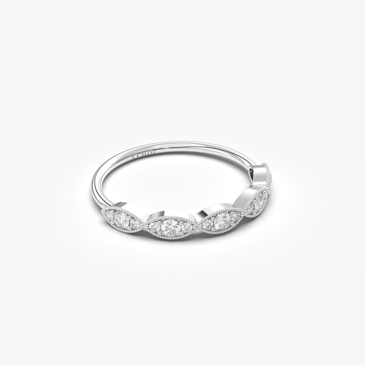14K white gold vintage milgrain ring with natural diamonds, angled view