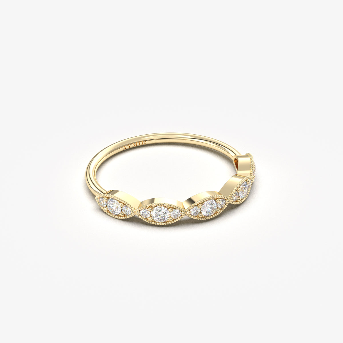 18K yellow gold vintage milgrain ring with natural diamonds, angled view