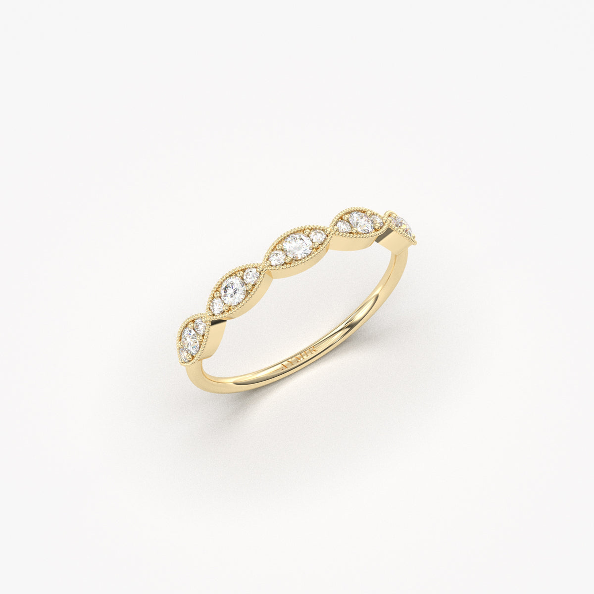 14K yellow gold vintage milgrain ring with natural diamonds, side view