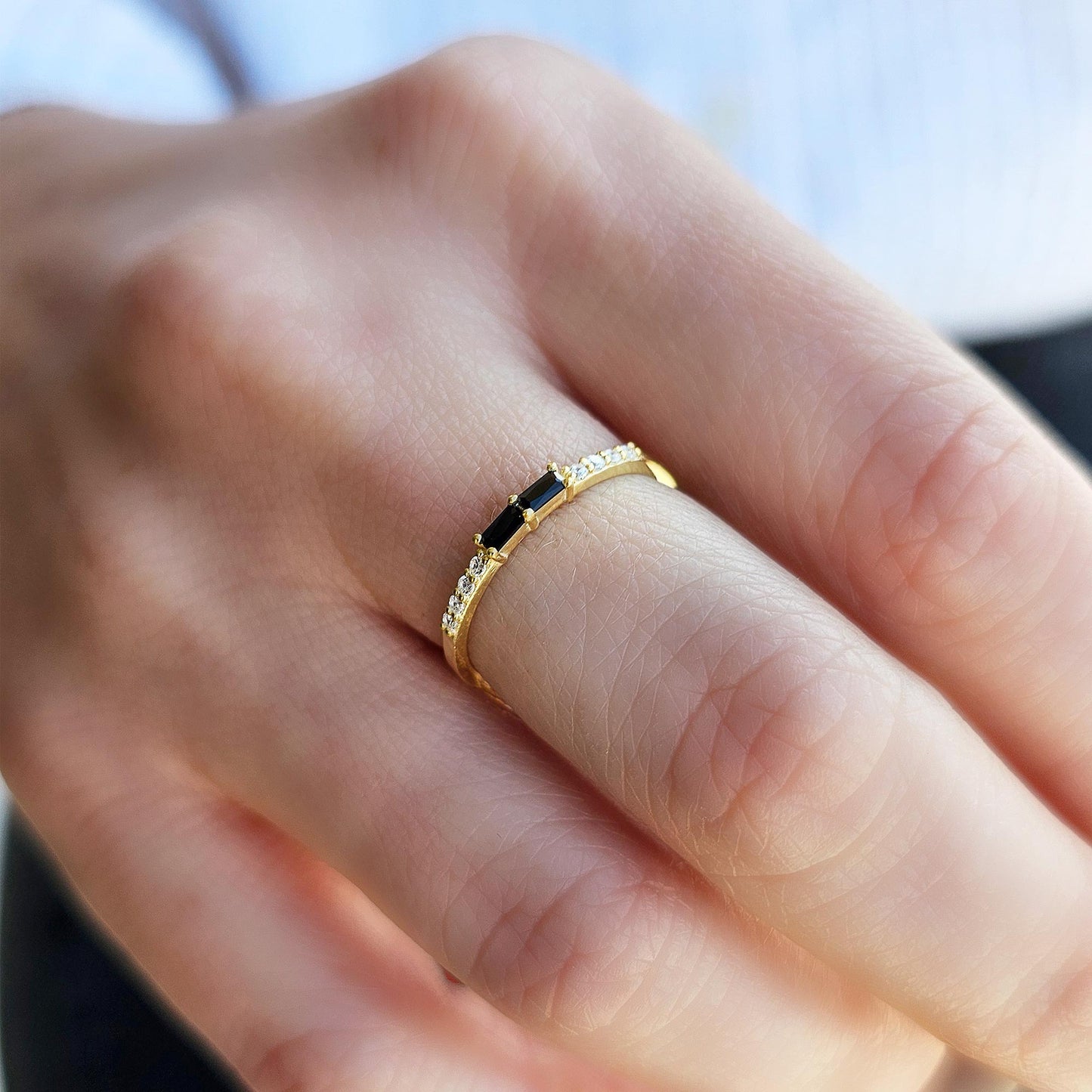 14K Gold Baguette Black Onyx and CZ Ring - 2S16BLK