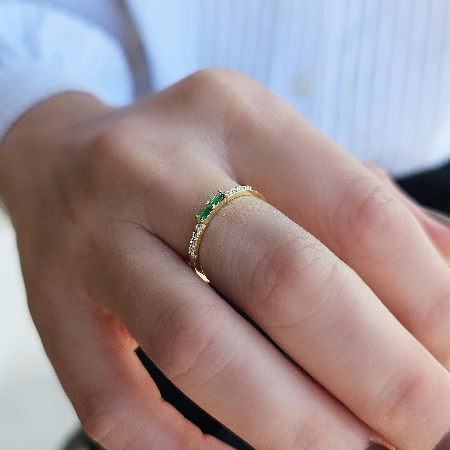 14K Gold Baguette Emerald and CZ Ring - 2S16EME