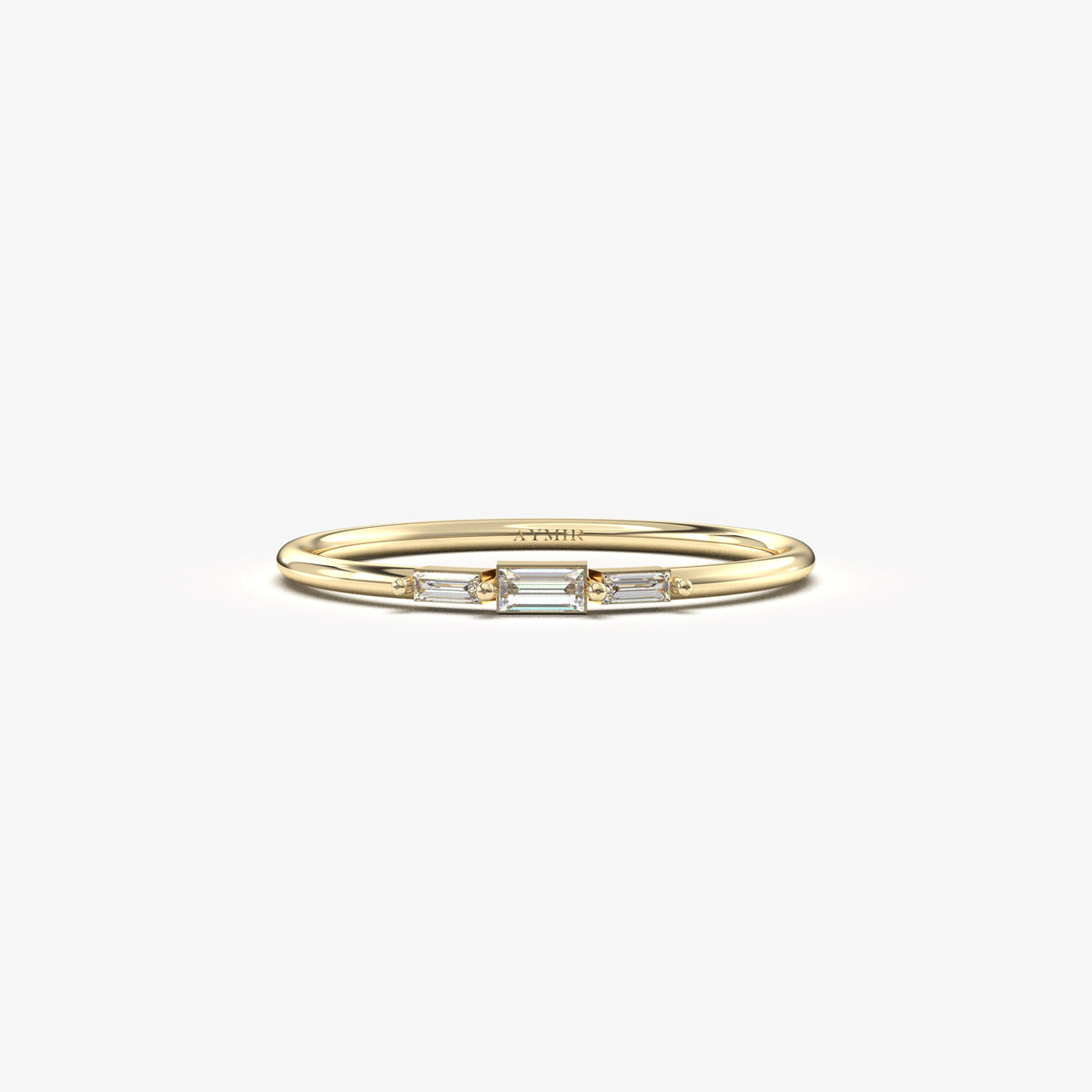 14K yellow gold mini three baguette ring with natural diamonds, front view