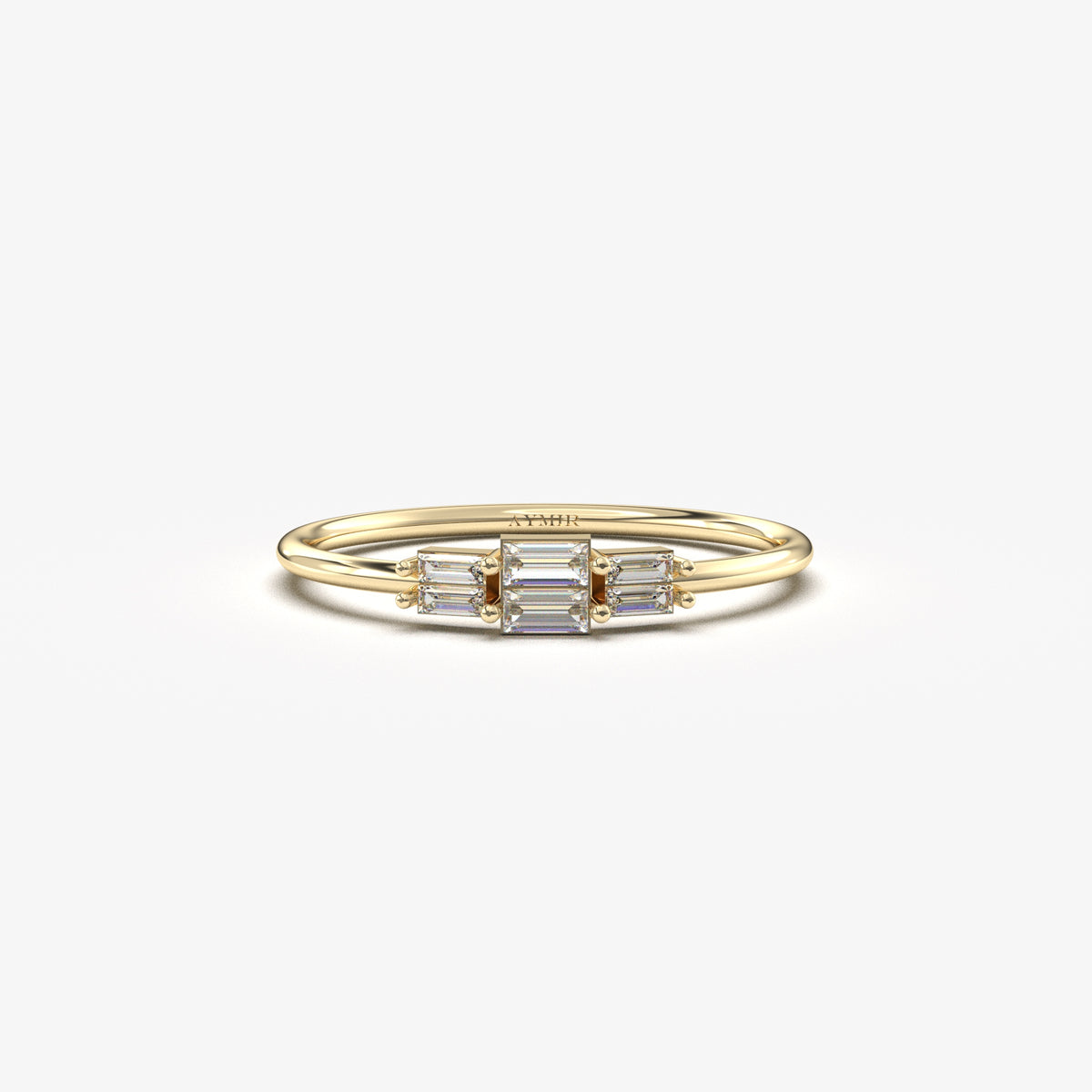 14K yellow gold stacked baguette ring with natural diamonds, front view