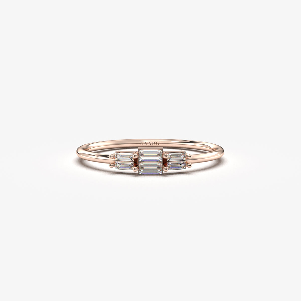 10K rose gold stacked baguette ring with cubic zirconia, front view