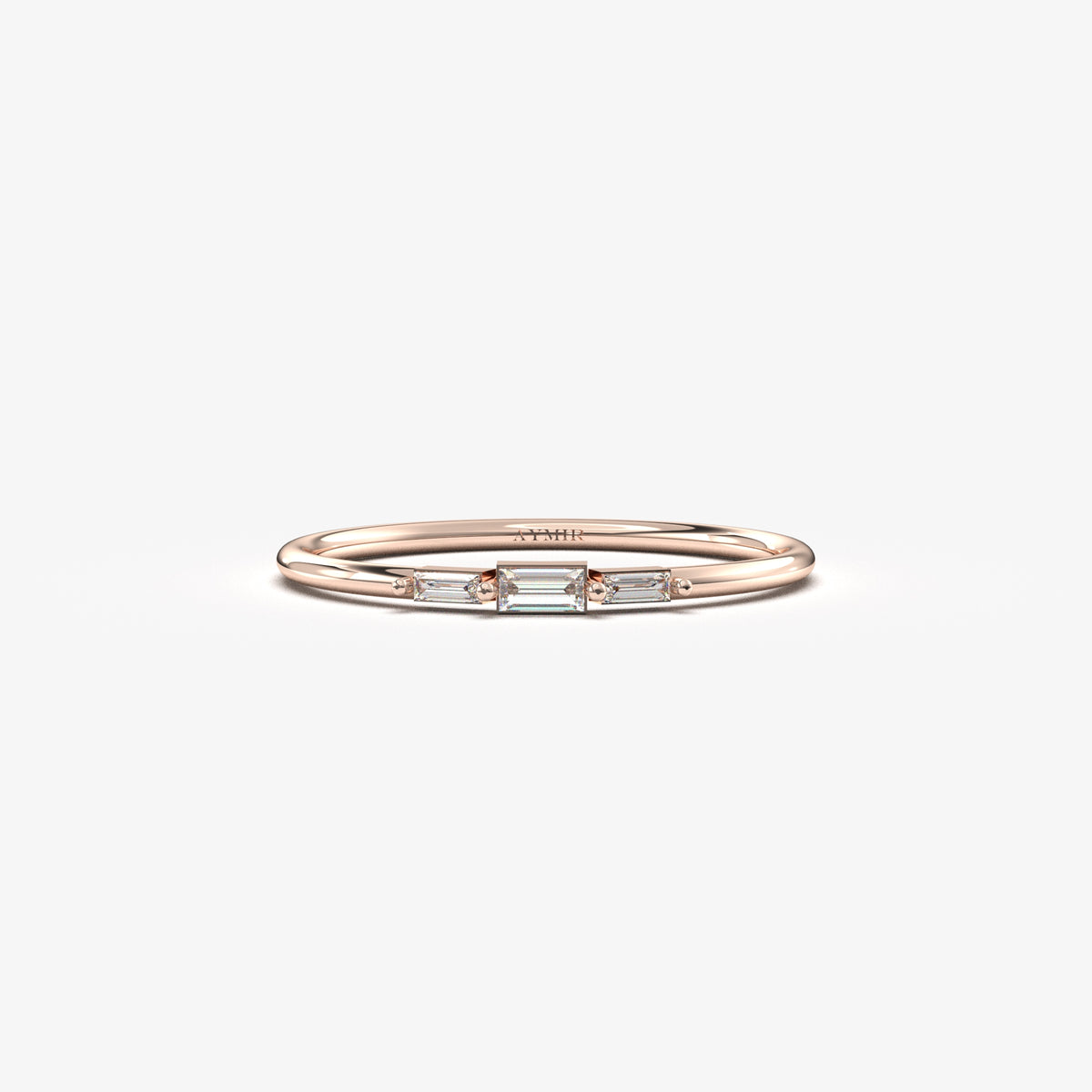 14K rose gold mini three baguette ring with natural diamonds, front view