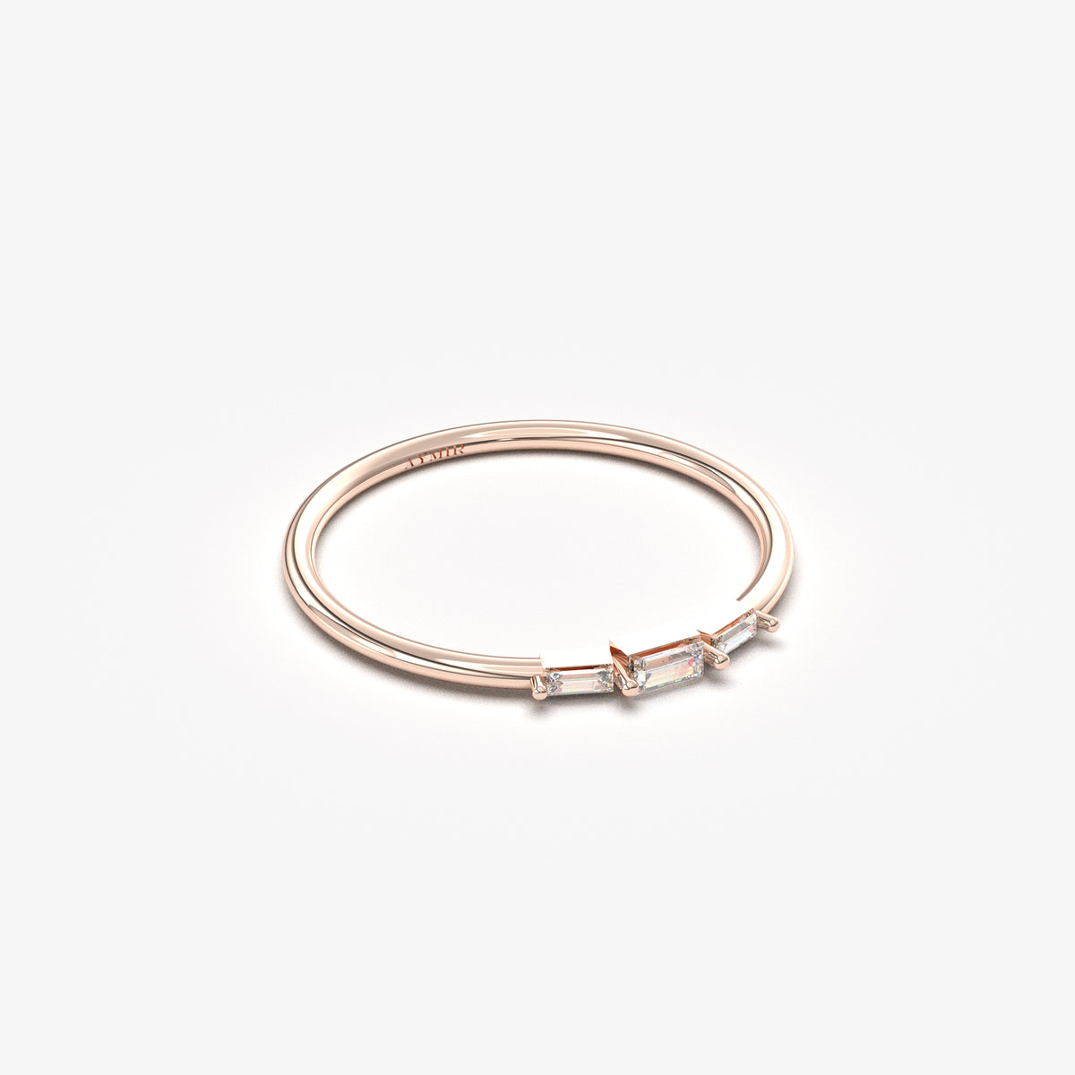 18K rose gold mini three baguette ring with natural diamonds, angled view