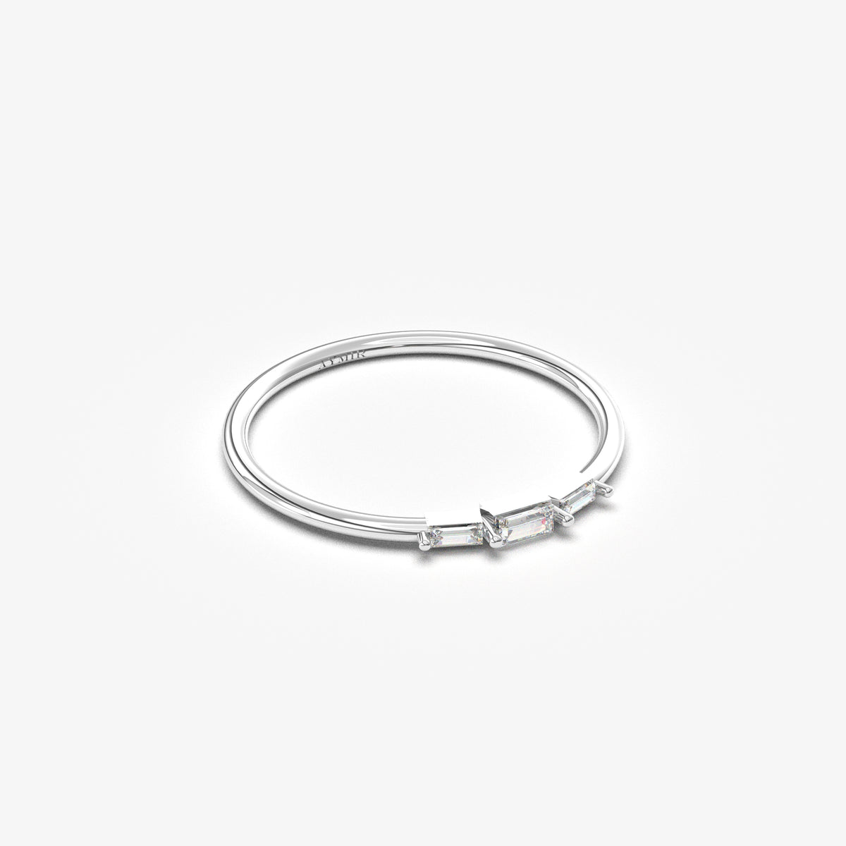 18K white gold mini three baguette ring with natural diamonds, angled view