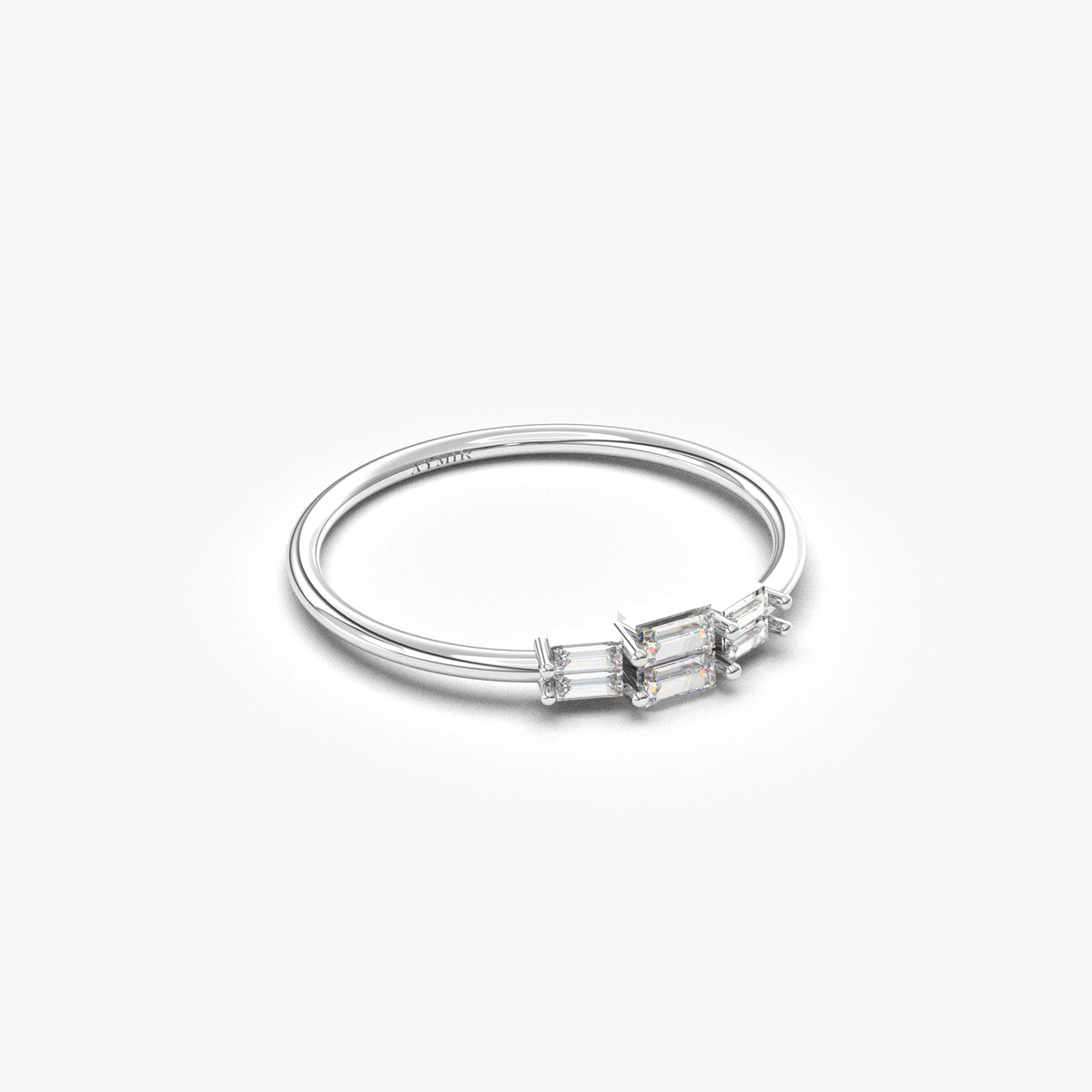 14K white gold stacked baguette ring with natural diamonds, angled view
