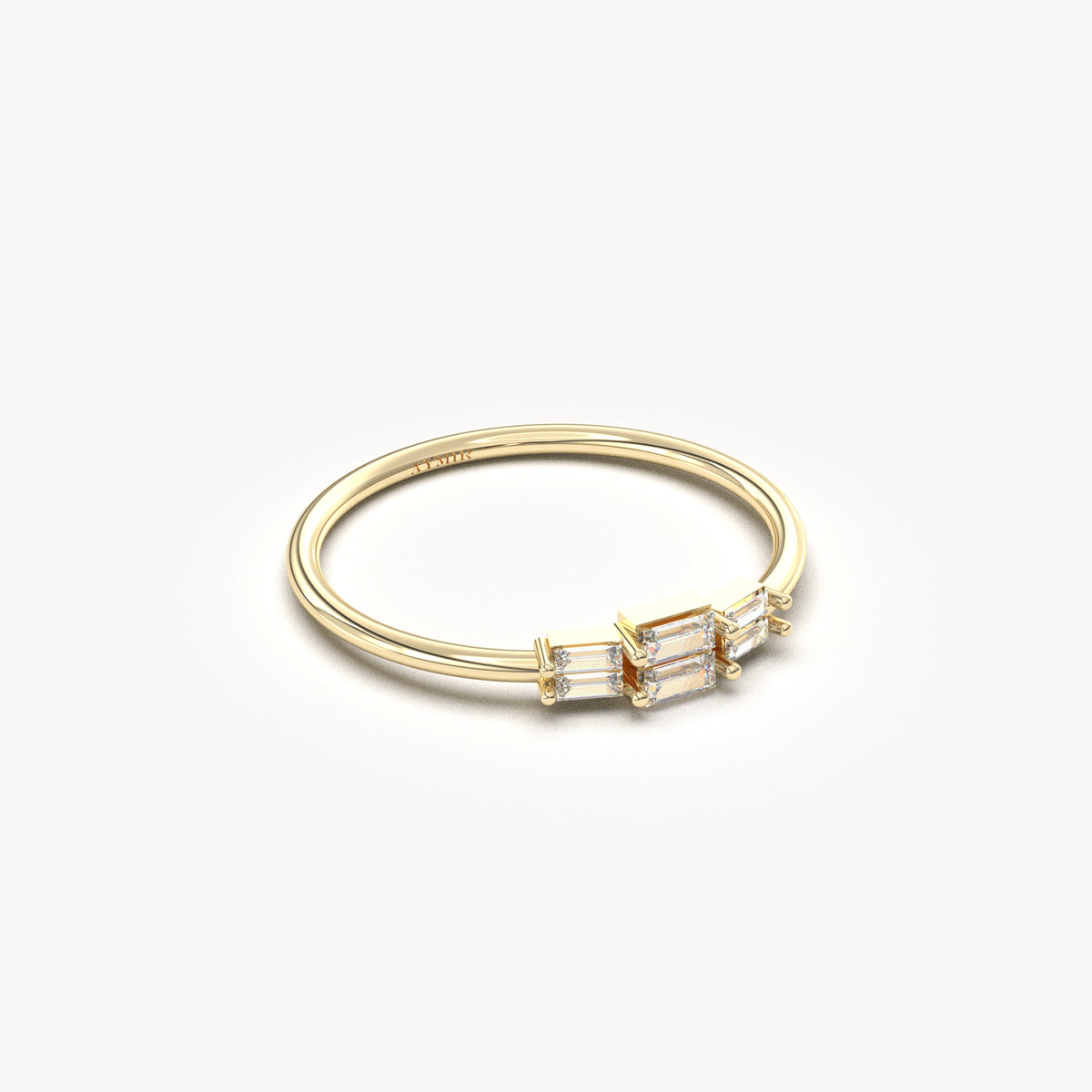 10K yellow gold stacked baguette ring with cubic zirconia, angled view