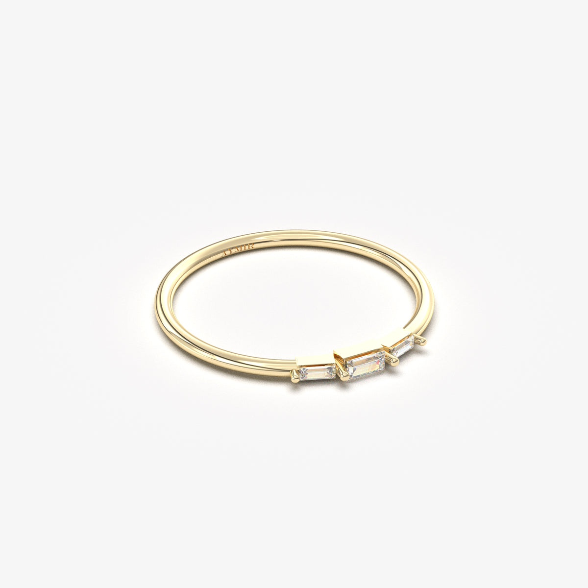 14K yellow gold mini three baguette ring with natural diamonds, angled view