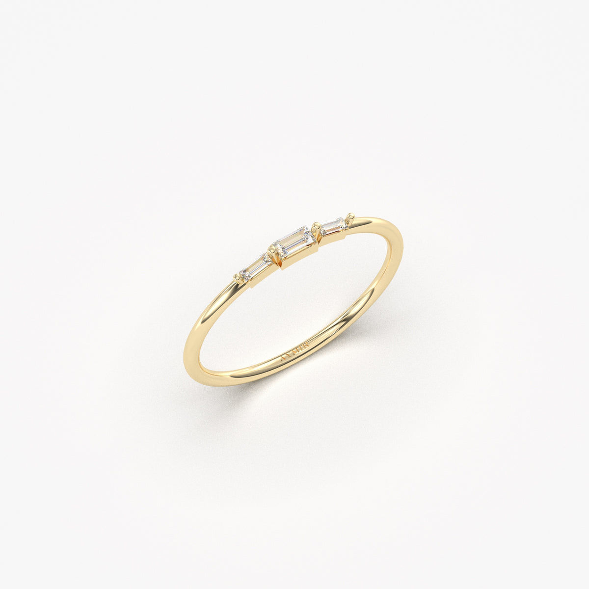 14K yellow gold mini three baguette ring with natural diamonds, side view