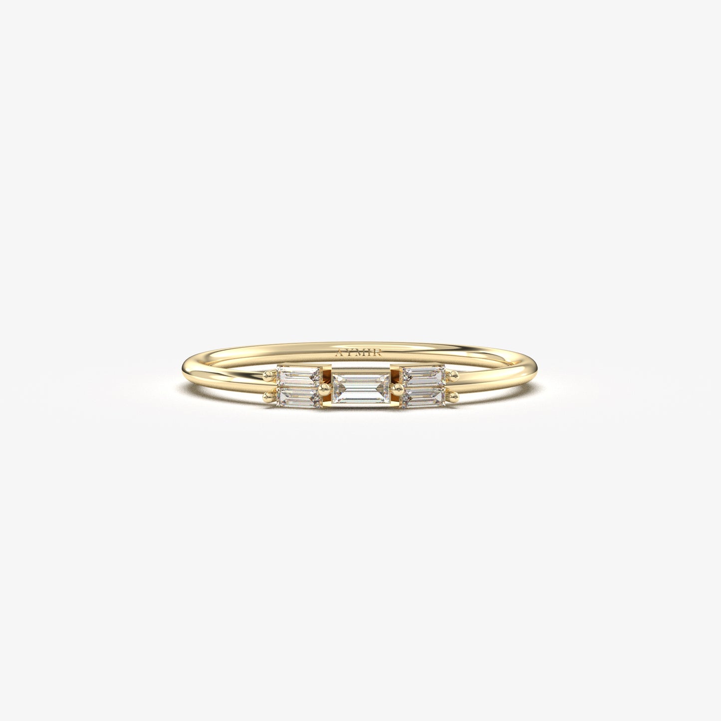 18K yellow gold five baguette ring with cubic zirconia, front view
