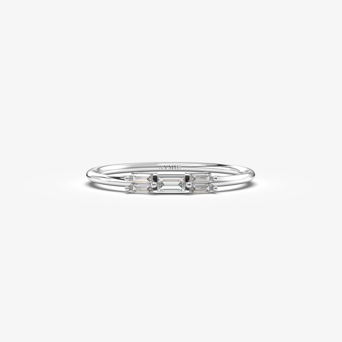 18K white gold five baguette ring with cubic zirconia, front view