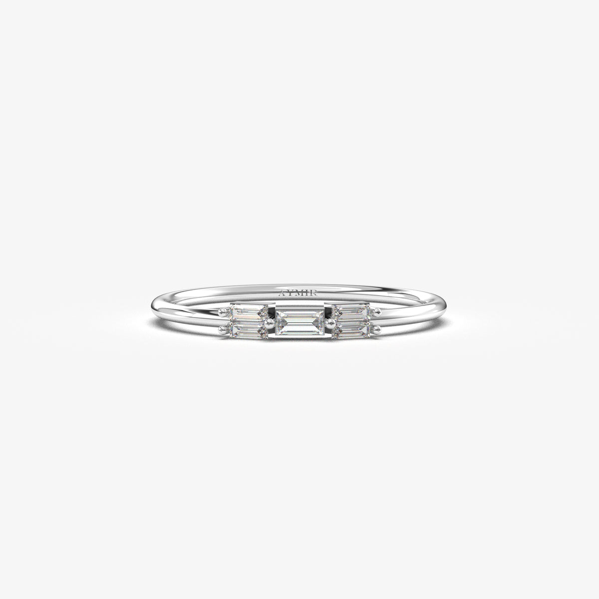 14K white gold five baguette ring with natural diamonds, front view