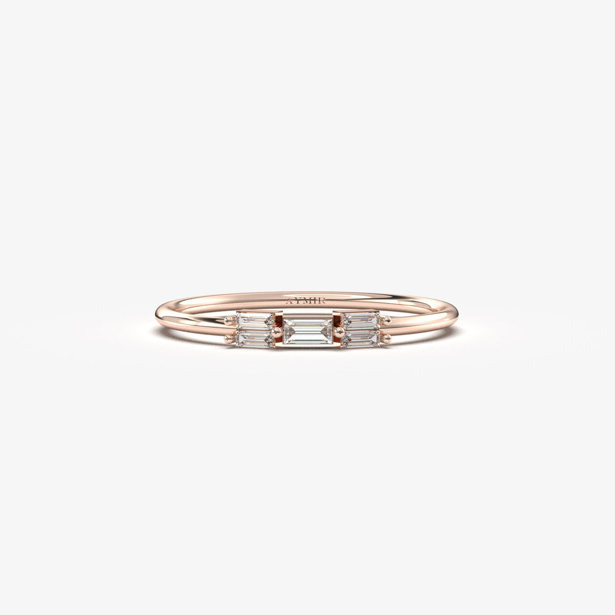 18K rose gold five baguette ring with cubic zirconia, front view