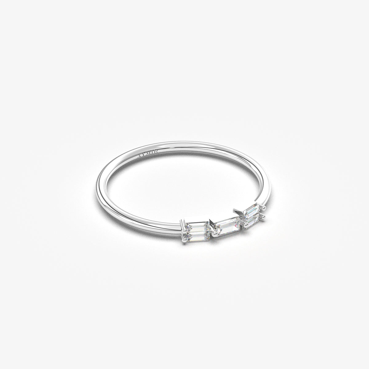 14K white gold five baguette ring with natural diamonds, angled view