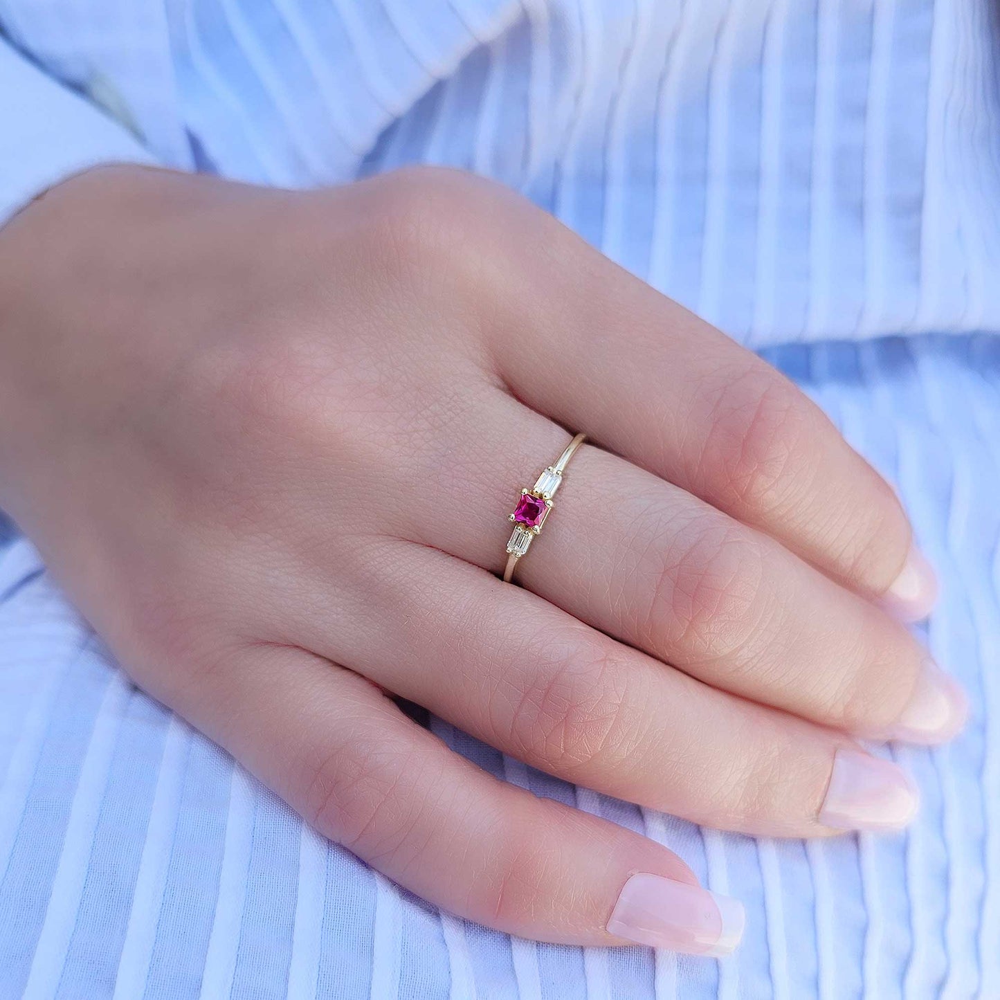 18K Gold Princess Cut Ruby and Cz Ring - 2S162RBY