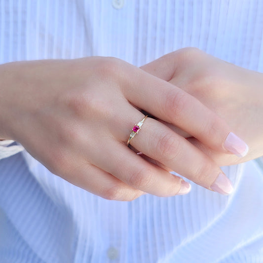 18K Gold Princess Cut Ruby and Cz Ring - 2S162RBY