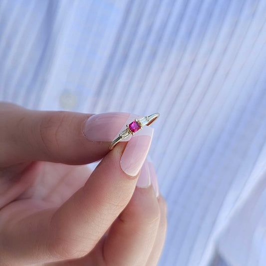 18K Gold Princess Cut Ruby and Diamond Ring - 2S162RBY