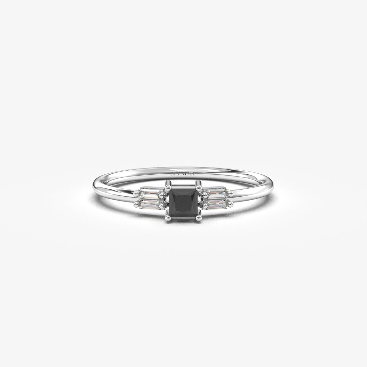 White gold black-stone baguette ring, front view